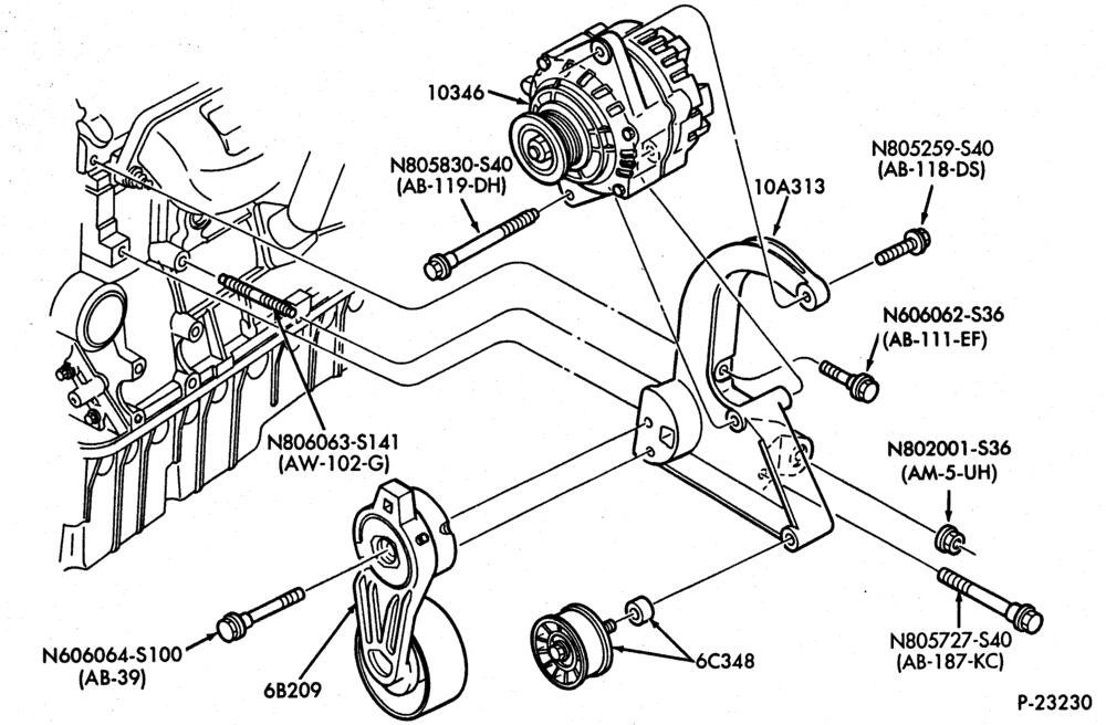 Схема Генератор, INSTRUMENT CLUSTER, BATTERY-Alternator mounting brackets - 4 cyl. 1.9L - w/o A/C & w/o P/S