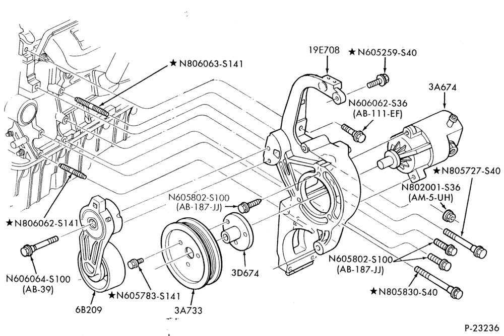 Схема STEERING-Power steering system - Pump installation - 4 cyl. 1.9L - pump instal. - w/A/C