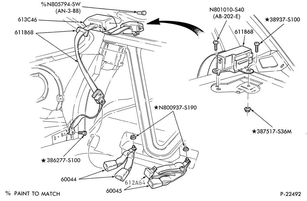 Схема SEATS AND SEAT BELTS-Seat belt and shoulder harness installation - rear