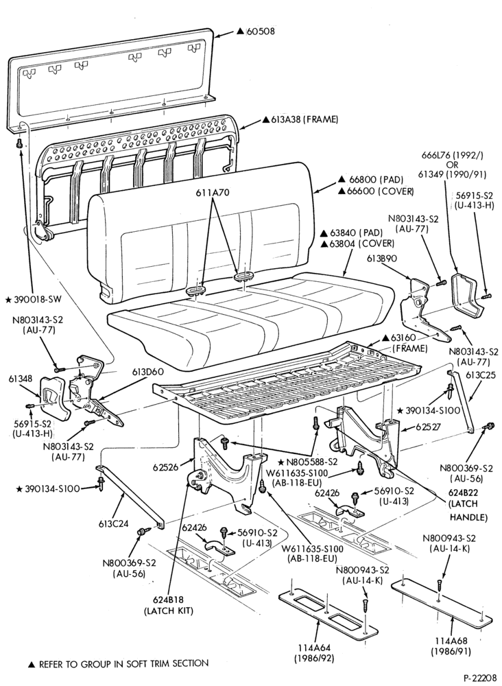 Схема SEATS-Rear seat parts - Two passenger - bench  - Three passenger - bench - w/o bed- w/bed - "From 11/88"-A