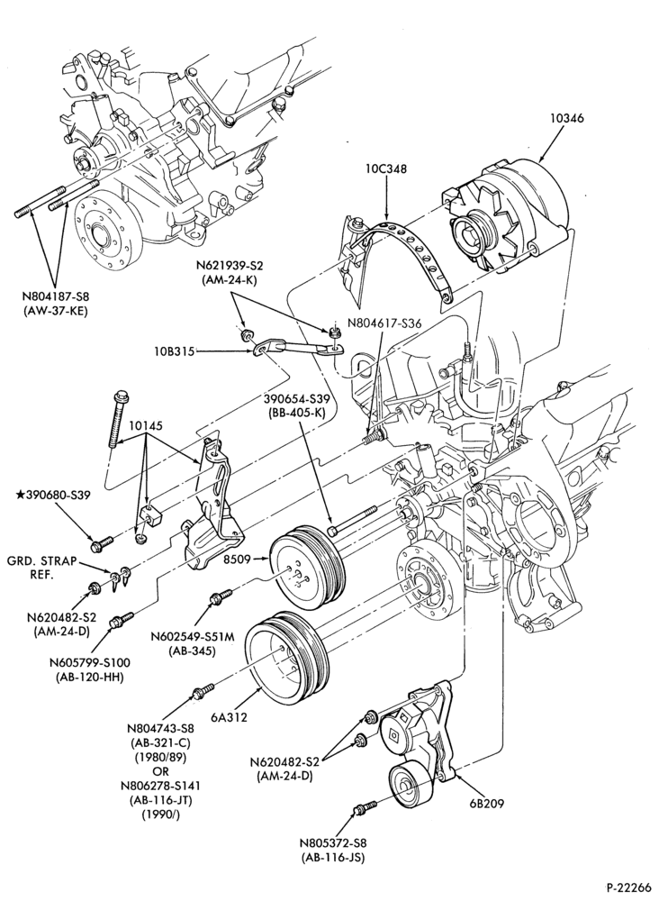 Схема Радиатор, GRILL AND COOLING-ALTERNATOR MTG. BRACKETS- 6 cyl. 183 (3.0L)-exc. SHO