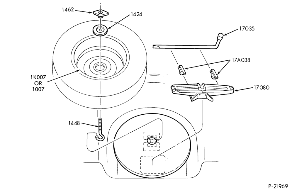 Схема SPEEDOMETER, BUMPERS, MIRRORS AND WIPERS-Jack and spare wheel parts