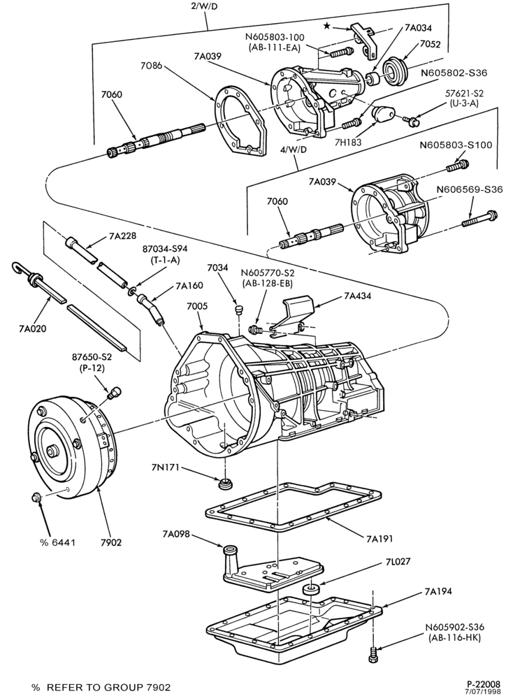 Схема E4OD TYPE TRANSMISSION-INTERNAL PARTS- Case, converter assy., extension housing & rel. parts-E-F250/350,U150,