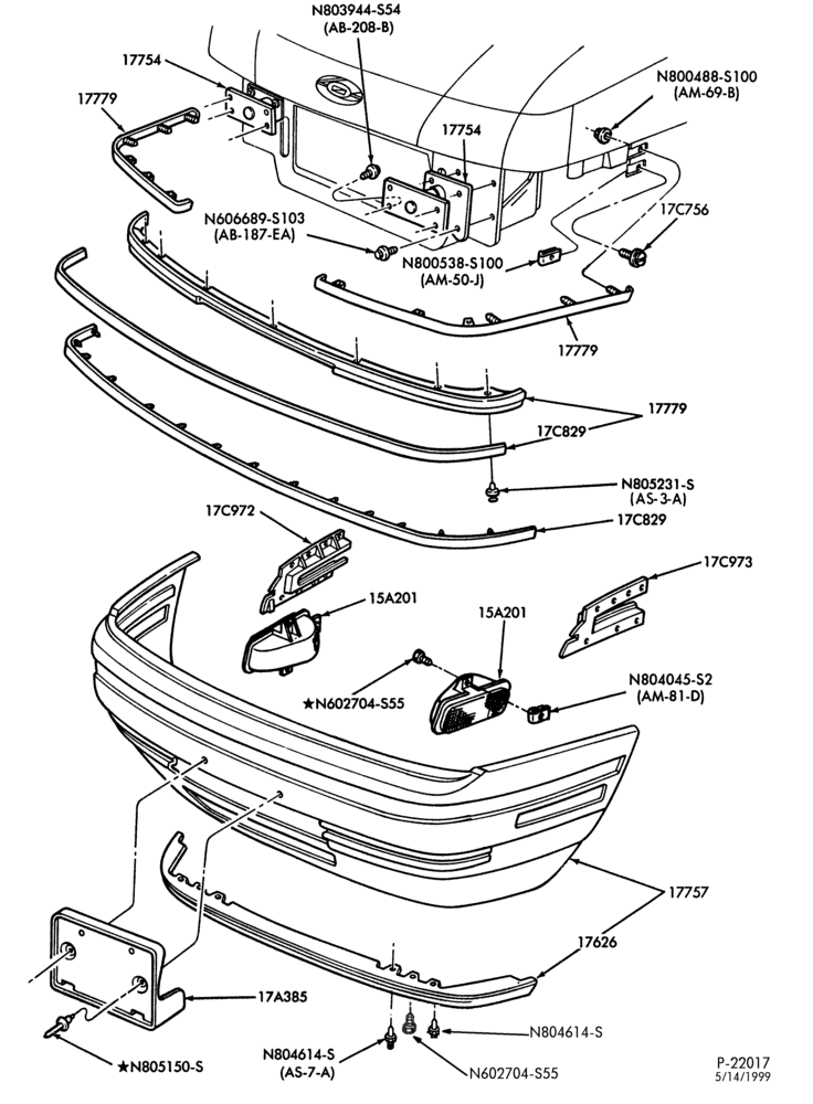 Схема SPEEDOMETER, BUMPERS, MIRRORS AND WIPERS-Bumper - front- Taurus-exc. SHO