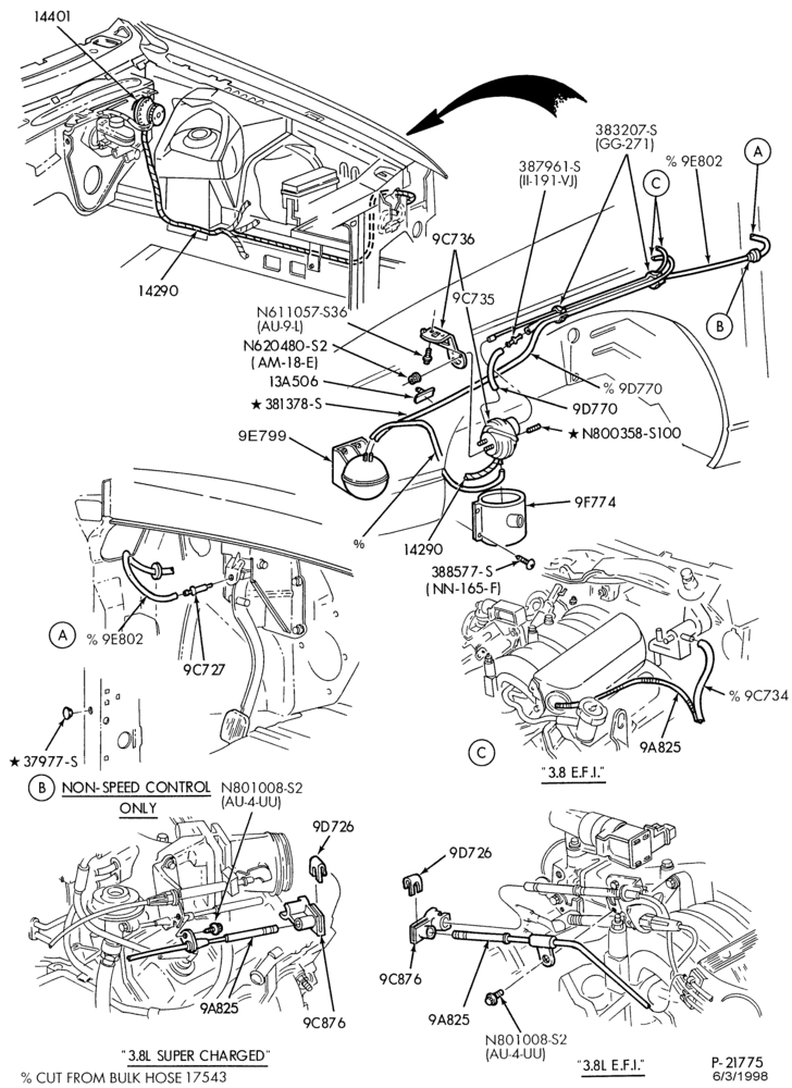Схема 6 CYL. 3.8L - EXC. S/C-Speed control - Production installation - engine compartment