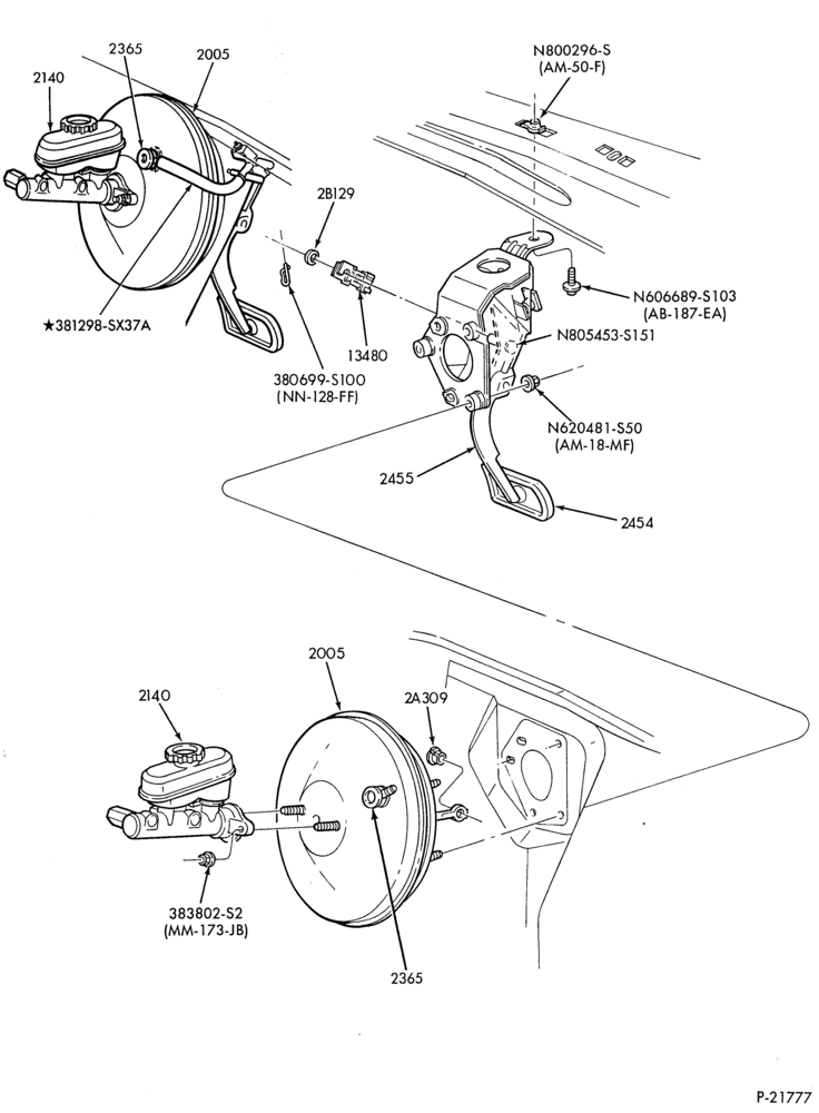 Схема BRAKES-Brake & pedal booster installation - w/o anti-lock brakes