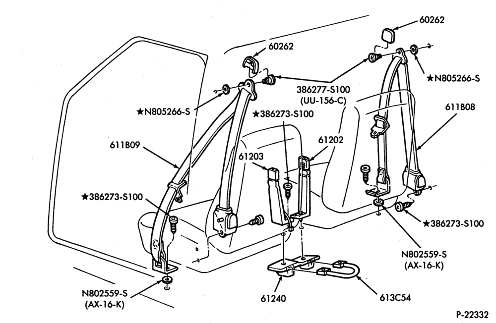 Схема SEATS AND SEAT BELTS-Seat belt installation - bucket - without center facing rear seats-R