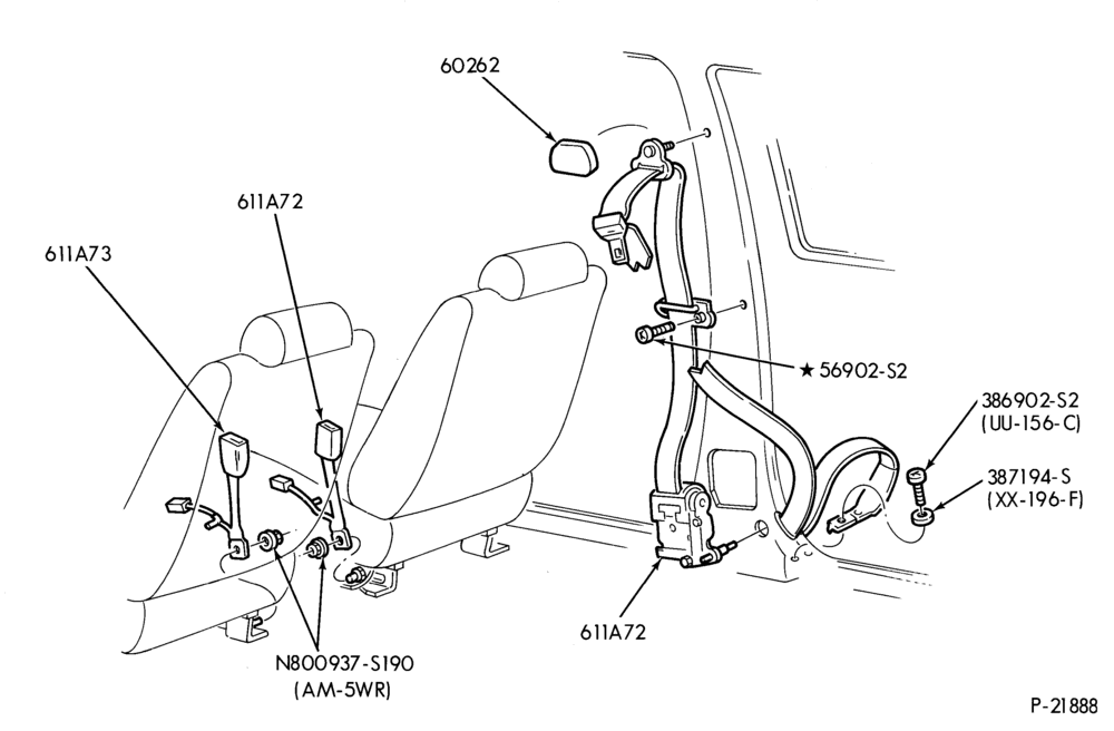 Схема SEATS AND SEAT BELTS-Seat belt and shoulder harness installation- bucket seat