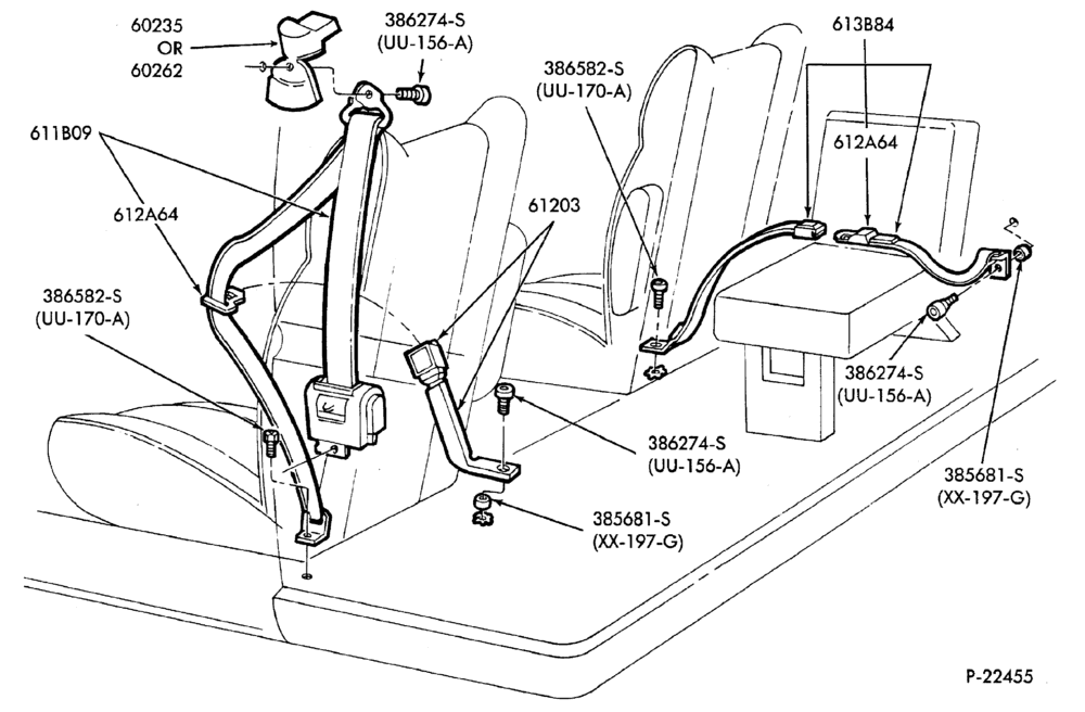 Схема SEATS AND SEAT BELTS-Seat belt installation - front - w/shoulder harness - w/center facing rear seat - exc. bench - Super Cab-F150/350