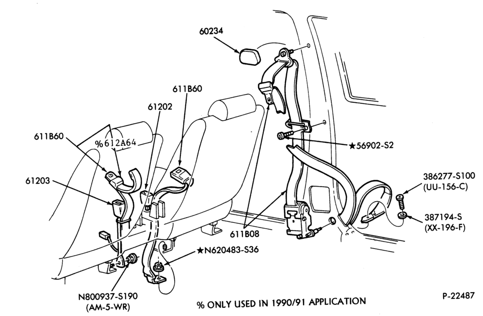 Схема SEATS AND SEAT BELTS-Seat belt & shoulder harness installation - split bench seat