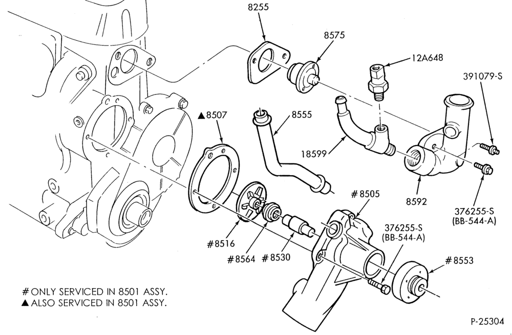 Схема Радиатор, GRILL AND COOLING-Water pump, thermostat housing & related parts - 6 cyl. 4.9L-U150