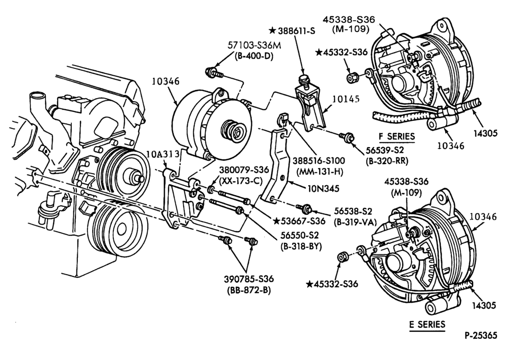 Схема Генератор, INSTRUMENT CLUSTER, BATTERY-Alternator & vacuum pump brackets - 8 cyl. 7.3L diesel F350 w/165 amp. alternator