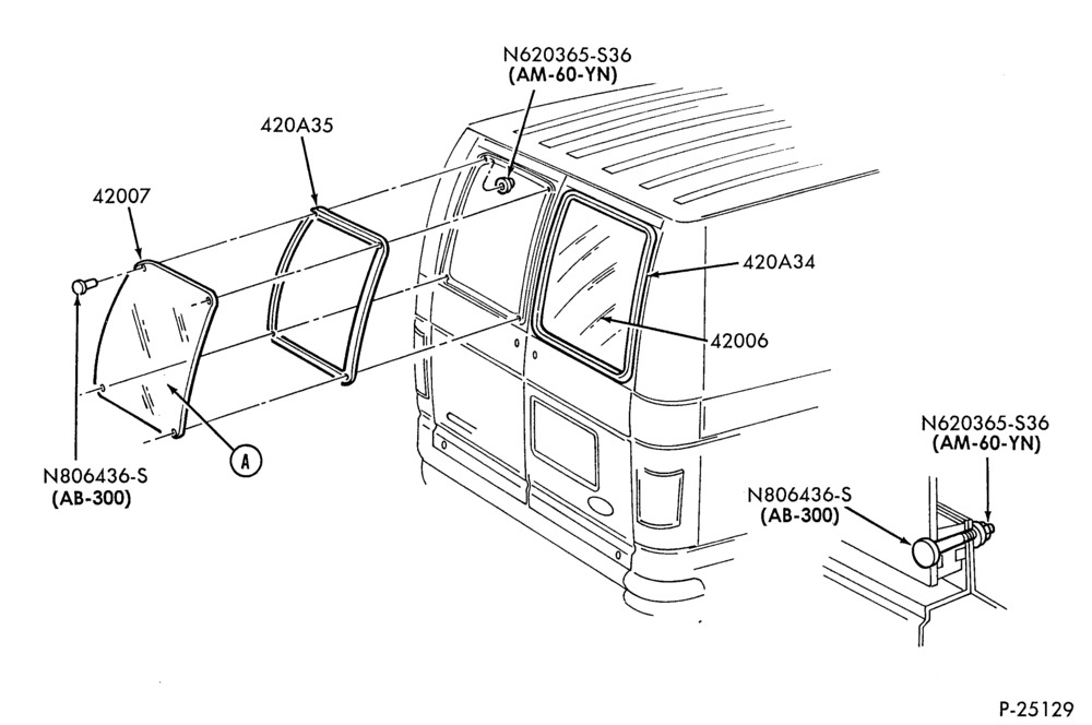 Схема LIFT/TAILGATE, BACK-OF-CAB, BACK WINDOW-Back door window parts - stationary-E150/450