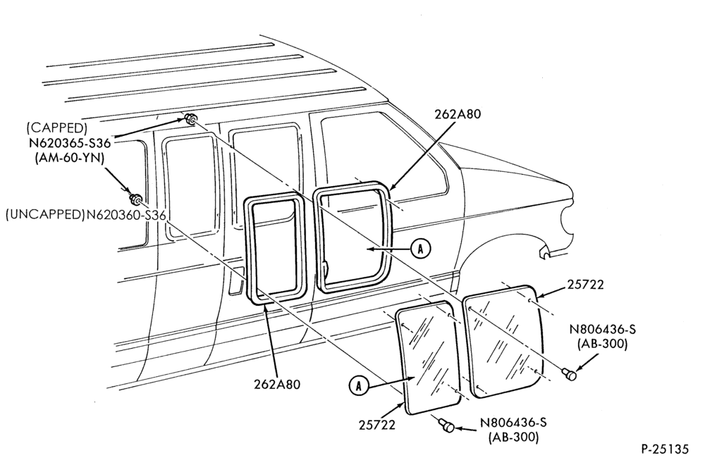 Схема BODY SIDES AND QUARTER-Body & side door window parts - stationary - R.H.-E150/450
