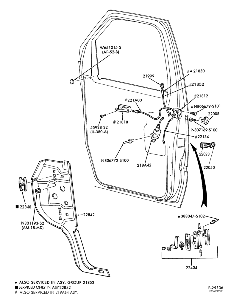 Схема BODY SIDES AND QUARTER-Front door handle & latch parts-E150/450