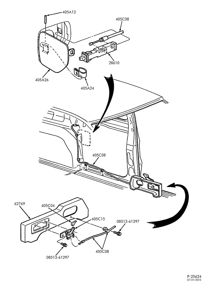 Схема LIFT/TAILGATE, BACK-OF-CAB, BACK WINDOW-Fuel filler door, cable, latch & lever-DM