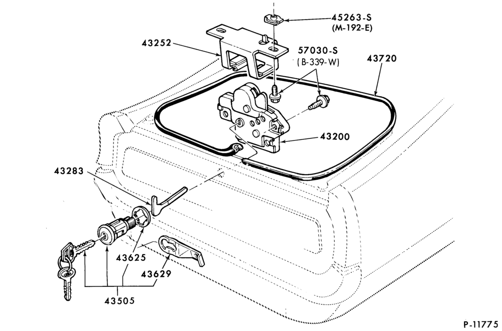 Схема LIFT/TAILGATE, LUGGAGE & BACK WINDOW-Latch parts (luggage compartment) - body types 62 and 64 - w/o all glass rear door
