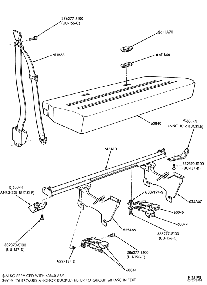 Схема SEATS AND SEAT BELTS-Seat belts & shoulder harness - rear bench/bed seat-E150/450