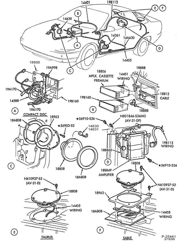 Схема Аудиосистема, ANTENNAS AND SPEAKERS-Radio - amplifier, speakers & wiring - EPC system - B/T 54