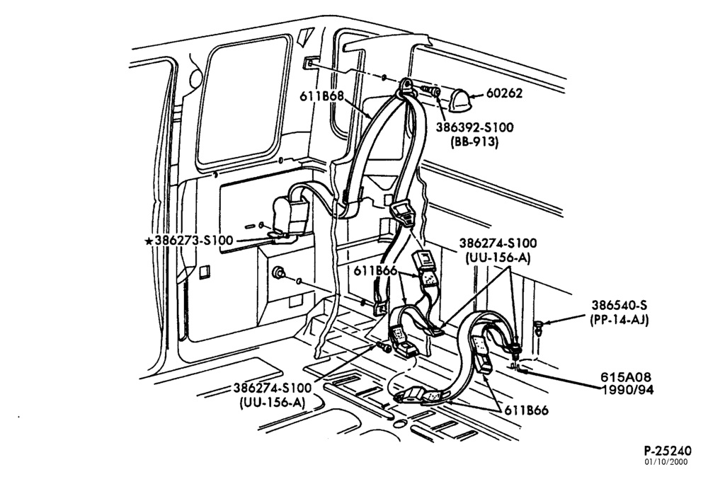 Схема SEATS AND SEAT BELTS-Seat belt installation - seat belt & shoulder harness - rear - forward facing seat - Super Cab-F150/350,F(Super Duty)