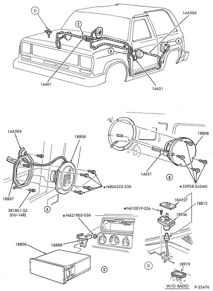 Схема RADIOS-Radio speakers & wiring - front & rear-U150