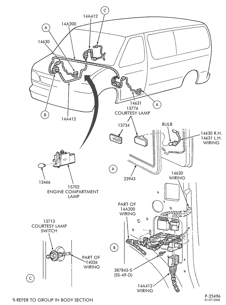 Схема LAMPS-Courtesy lamp wiring, switches & related parts-E150/450