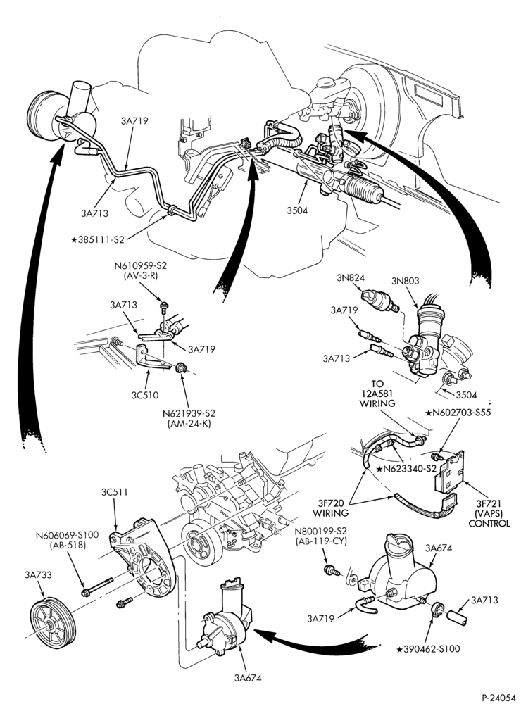 Схема STEERING-Power steering system - Pump installation - 6 cyl. 3.0L - exc. SHO - w/VAPS