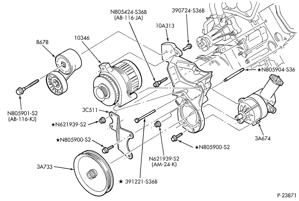 Схема Стартер, IGNITION AND HEADLAMP SWITCHES-Alternator mounting brackets - 6 cyl. 3.8L - exc. S/C