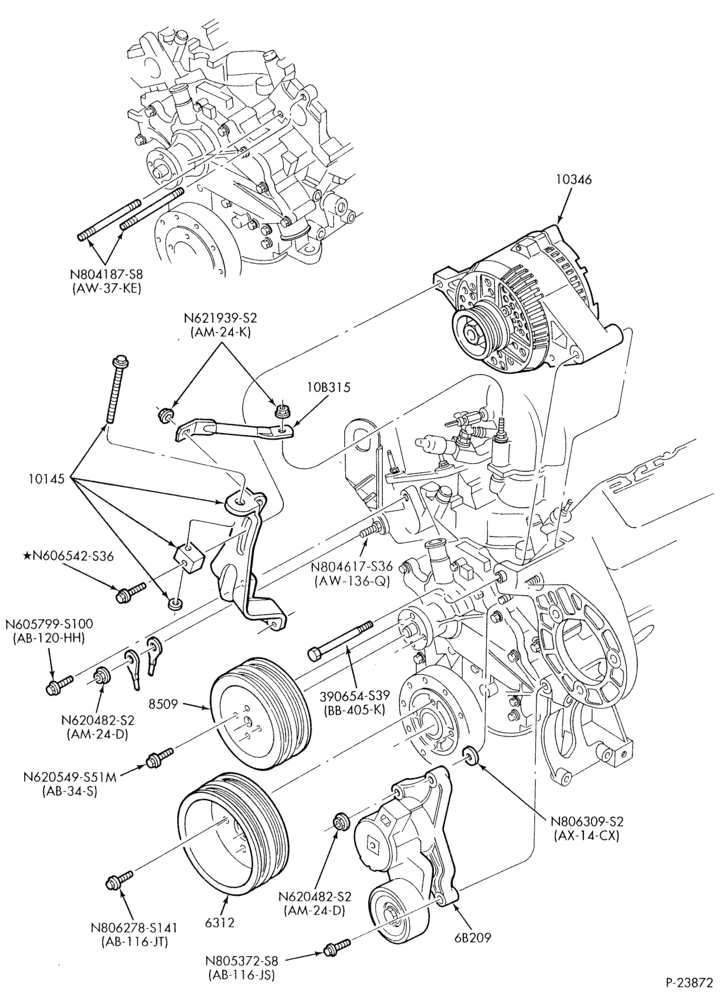 Схема Генератор, INSTRUMENT CLUSTER, BATTERY-Alternator mounting brackets - 6 cyl. 3.0L - exc. SHO