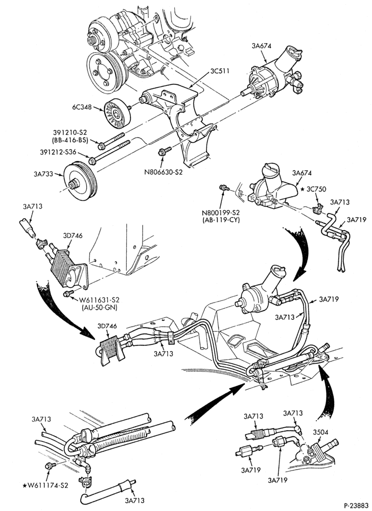 Схема STEERING-Power steering system - Pump installation - 8 cyl. 5.0L