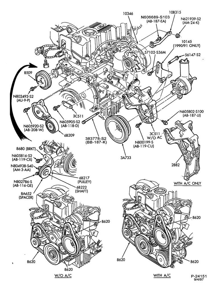 Схема Стартер, IGNITION AND HEADLAMP SWITCHES-Alternator mounting brackets- 4 cyl. 140 (2.3L) HSC