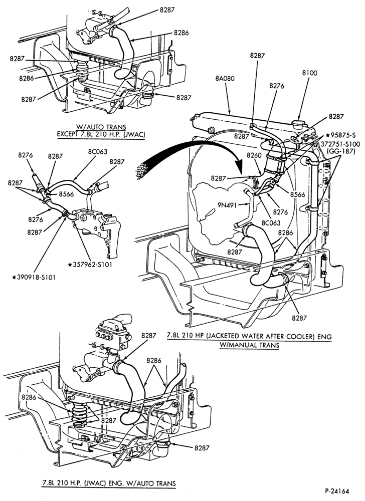Схема COOLING SYSTEMS-6 cyl. 401 (6.6L) and 474 (7.8L) diesel - w/turbo air cooler - "From 10/87"- Page B-B600/700