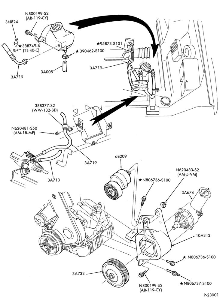 Схема STEERING-Power steering system - Pump installation - 4 cyl. 2.3L - w/o oil cooler