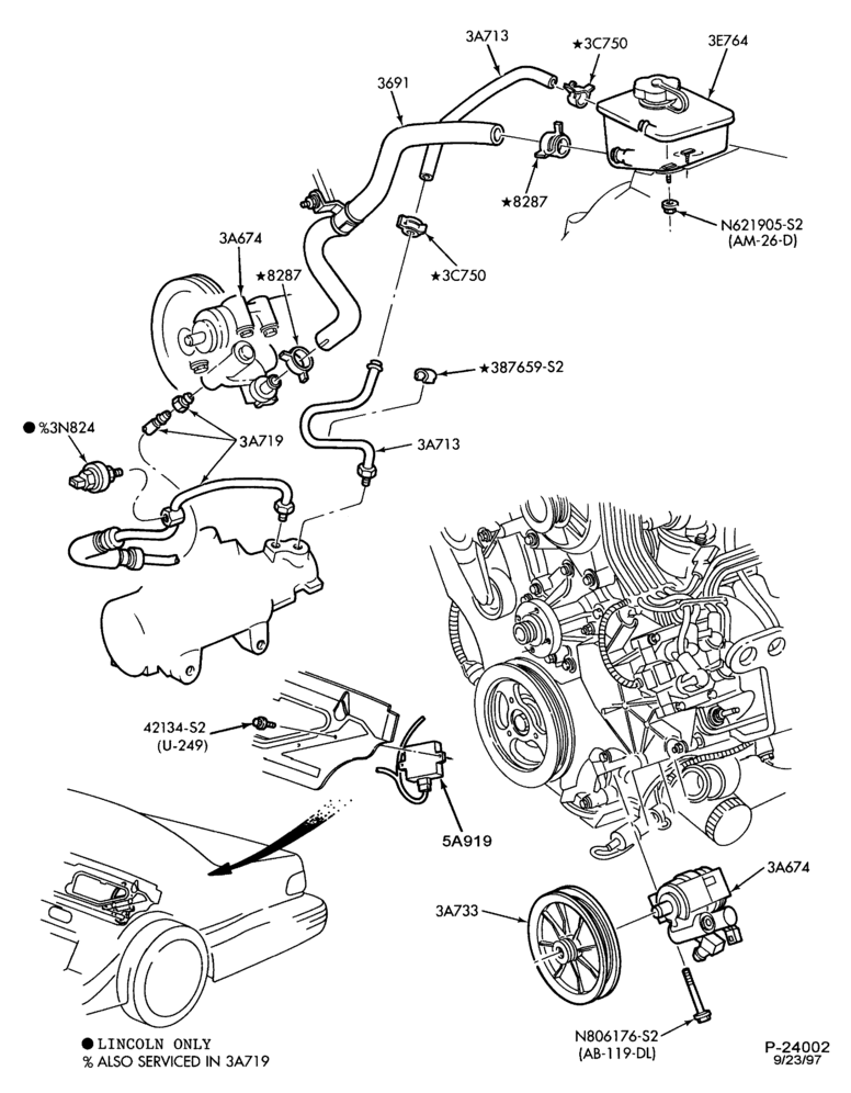 Схема STEERING-Power steering system - Pump installation - 8 cyl. 4.6L - w/o oil cooler - hose installation