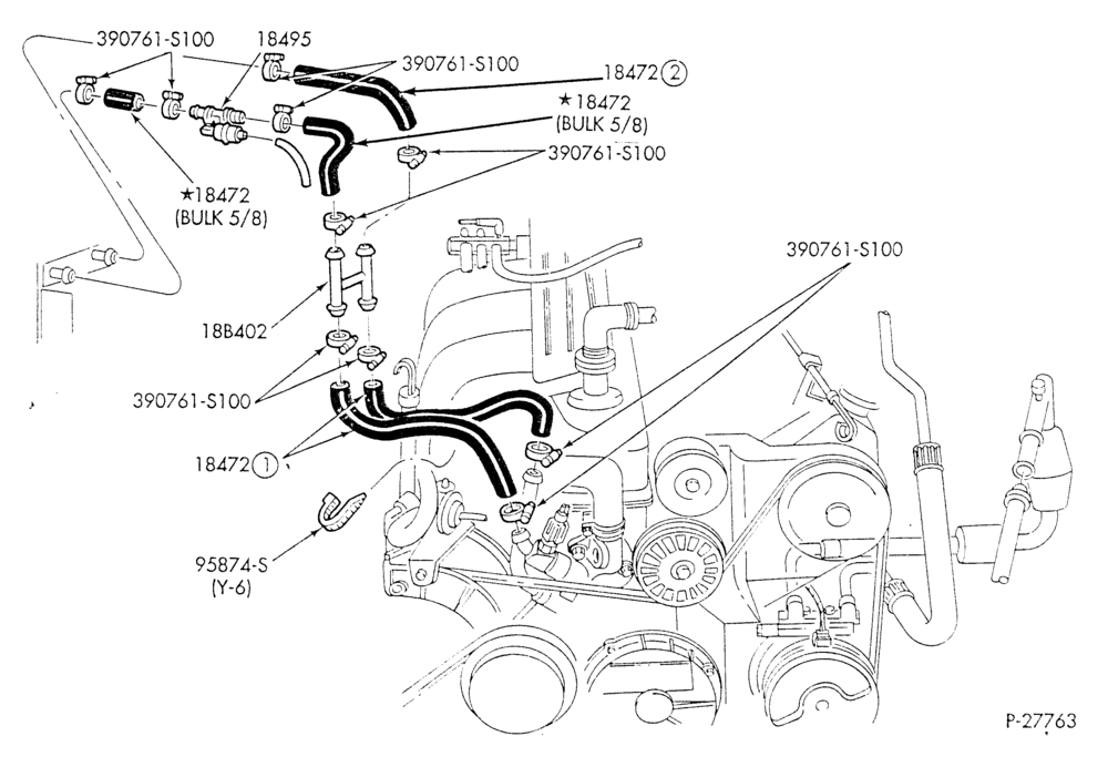 Схема HEATER HOSES & TUBES-6 cyl. - 4.9L - w/A/C - w/o aux. heat-E - Page B