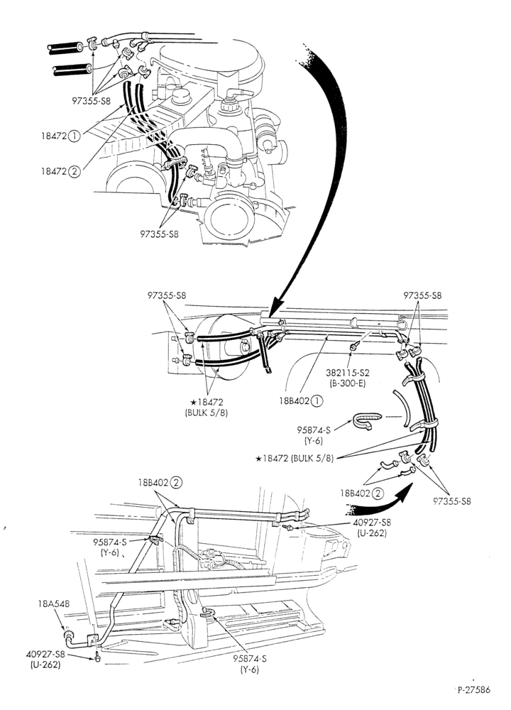 Схема HEATER HOSES & TUBES-6 cyl. - 4.9L - w/o A/C - w/aux. heat-E
