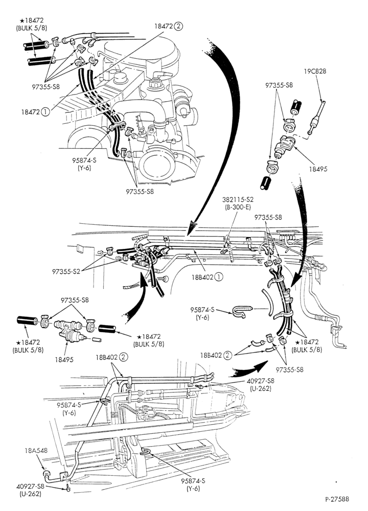 Схема HEATER HOSES & TUBES-6 cyl. - 4.9L - w/aux. A/C - w/aux. heat-E