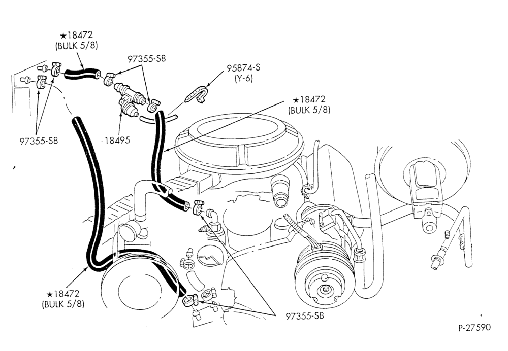 Схема HEATER HOSES & TUBES-8 cyl. - 5.0L - w/A/C - w/o aux. heat - exc. California-E