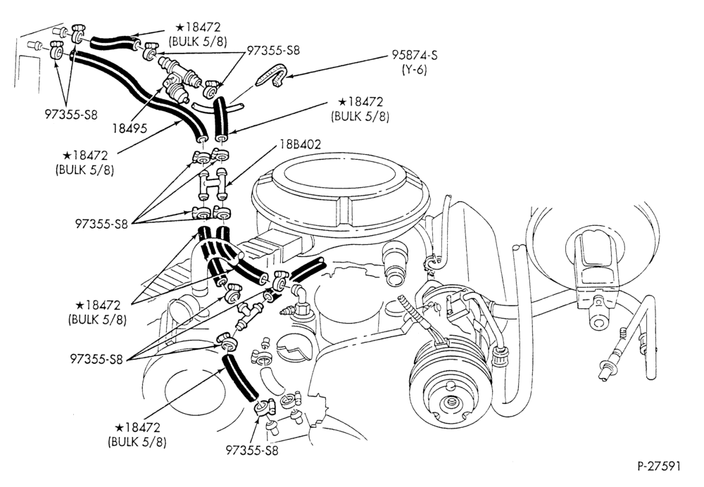 Схема HEATER HOSES & TUBES-8 cyl. - 5.0L - w/A/C - w/o aux. heat - California-E