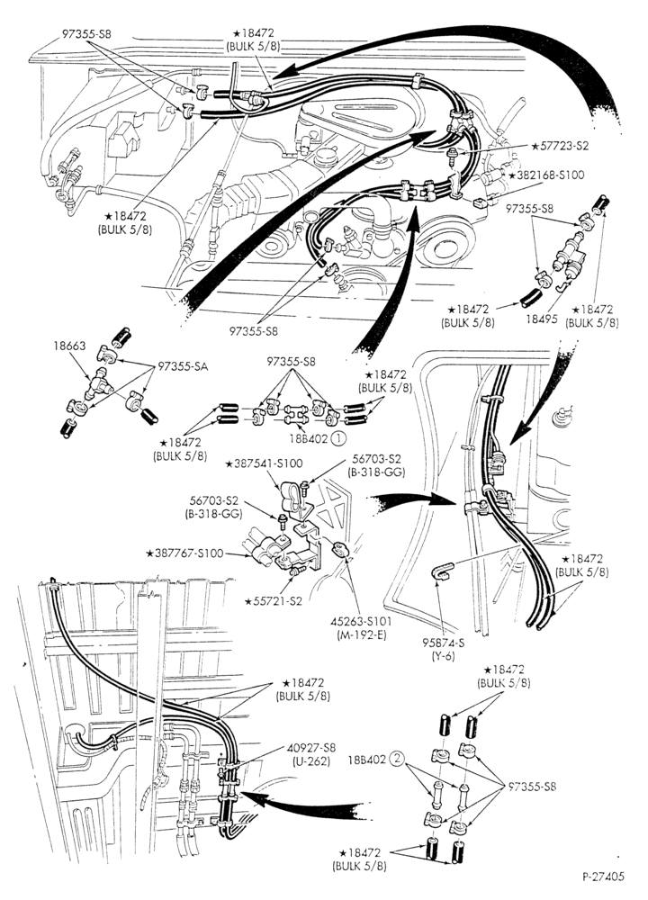 Схема HEATER HOSES & TUBES-6 cyl. - 4.9L - w/aux. A/C - w/aux. heat - S.W.B.-E