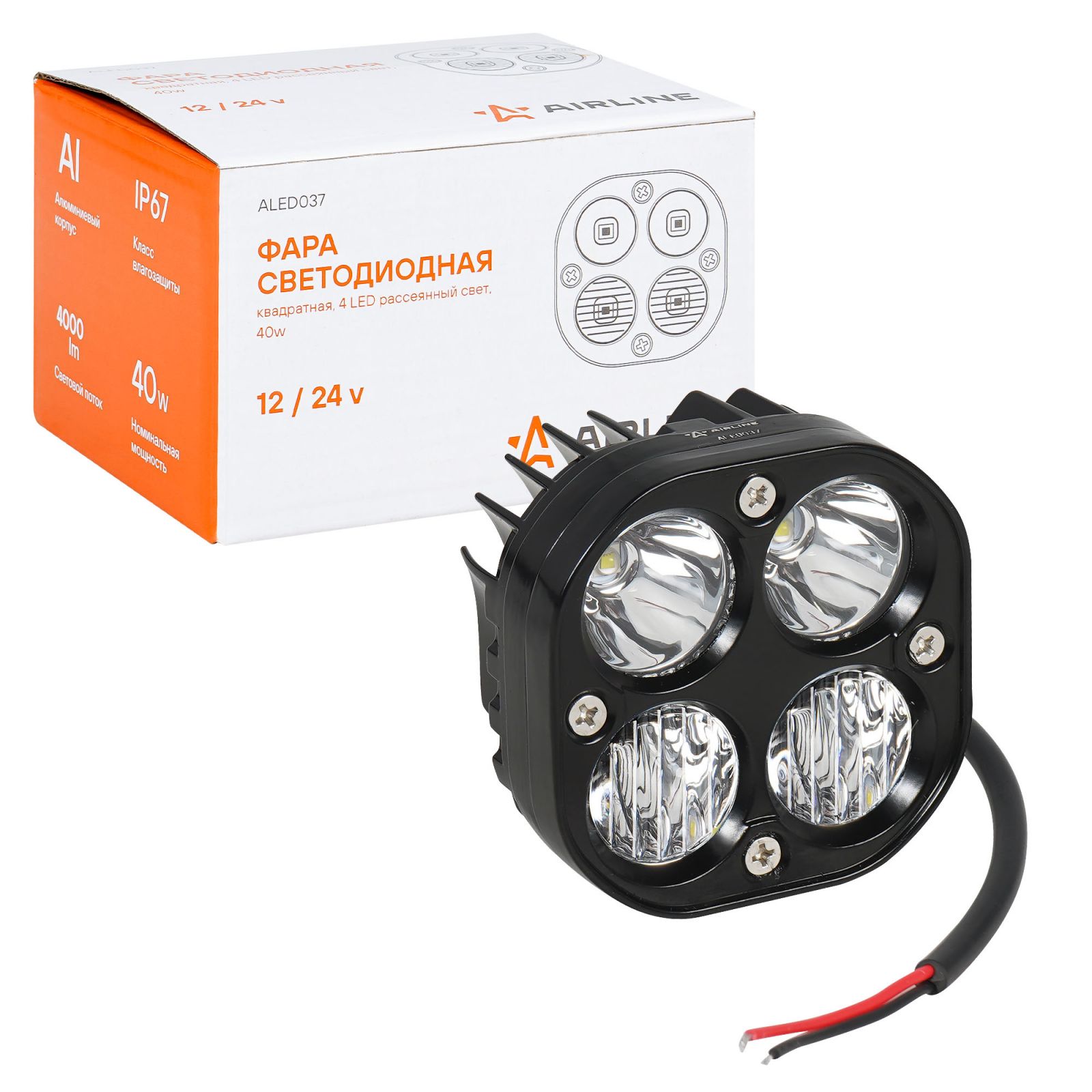 AIRLINE ALED037 Фара светодиодная квадратная, 4 LED рассеянный свет, 40W (78х78х50) 12/24V (ALED037)