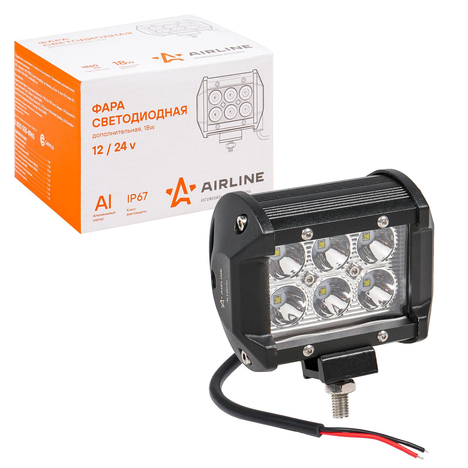 AIRLINE ALED040 Фара светодиод.(балка)двухрядная 6 LED направленный свет, 18W, (98х78х65) 12/24V