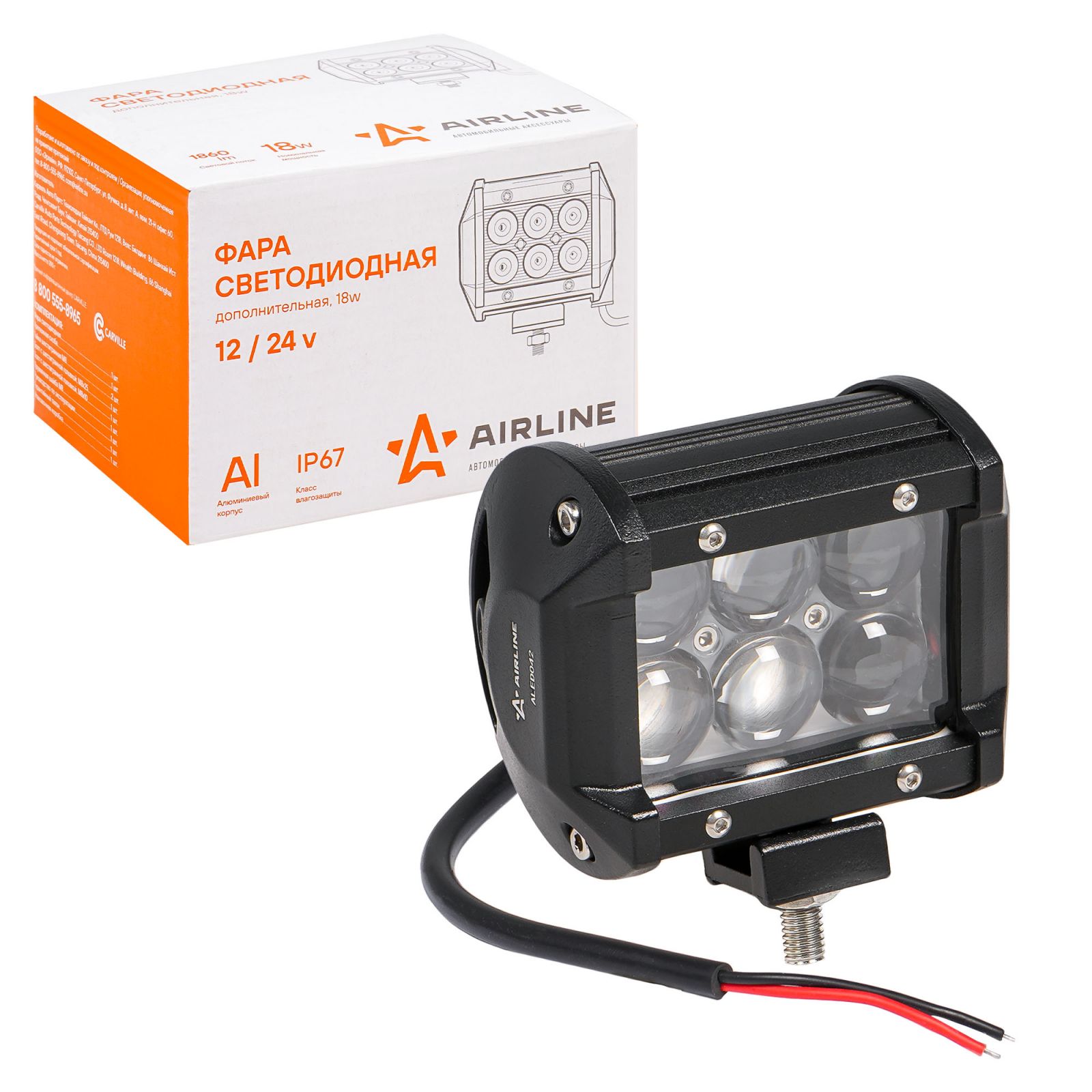 AIRLINE ALED042 Фара светодиодная (балка) двухрядная, 6 LED 4D линза, 18W, (98х78х65) 12/24V