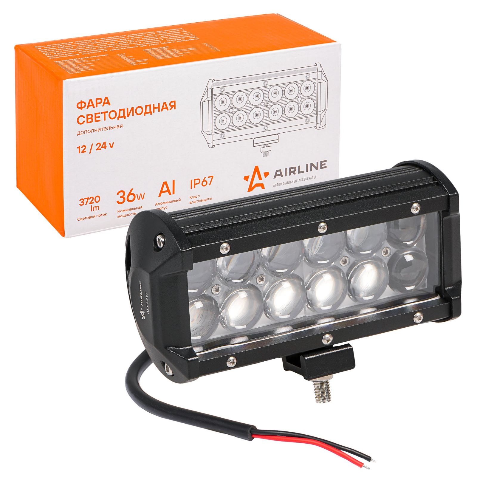 AIRLINE ALED047 Фара светодиодная (балка) двухрядная, 12 LED 4D линза, 36W, (165х78х65) 12/24V