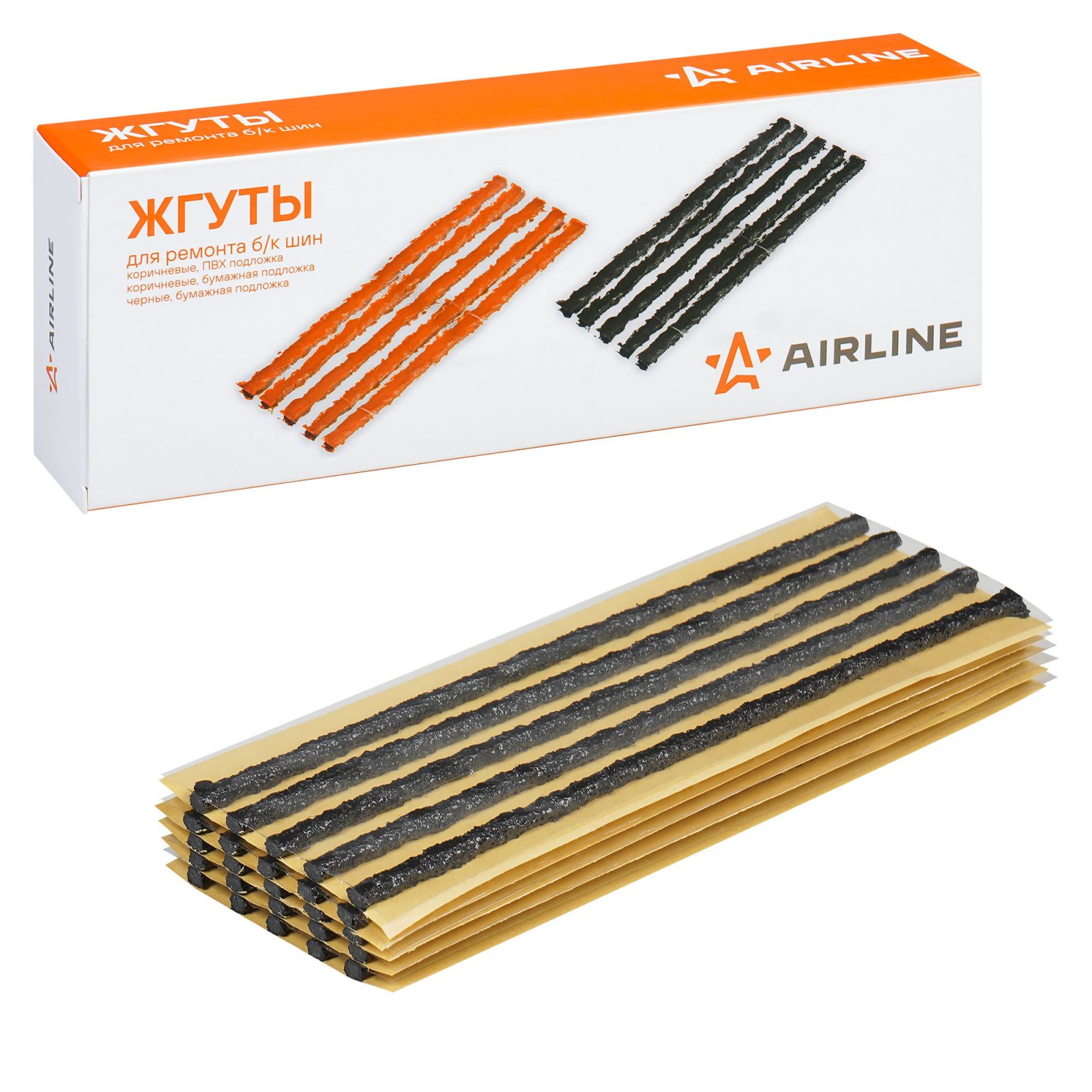 AIRLINE ATRS211 Жгуты для ремонта б/к шин, 4.5*200мм, 25 шт, черные, бумажн. подложка, в коробке (ATRS211)
