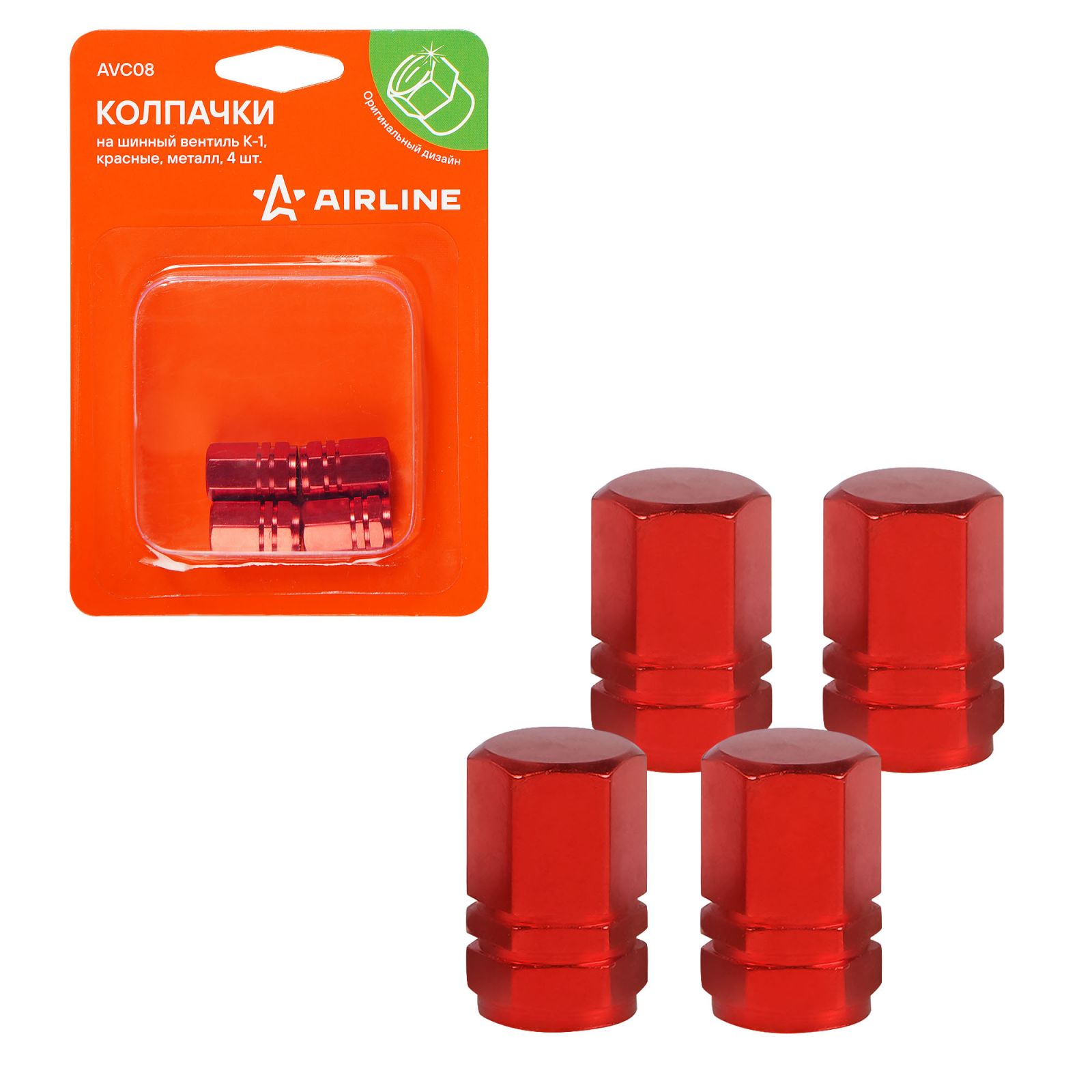 AIRLINE AVC08 Колпачки на шинный вентиль K-1, красные, металл, 4 шт. (AVC08)