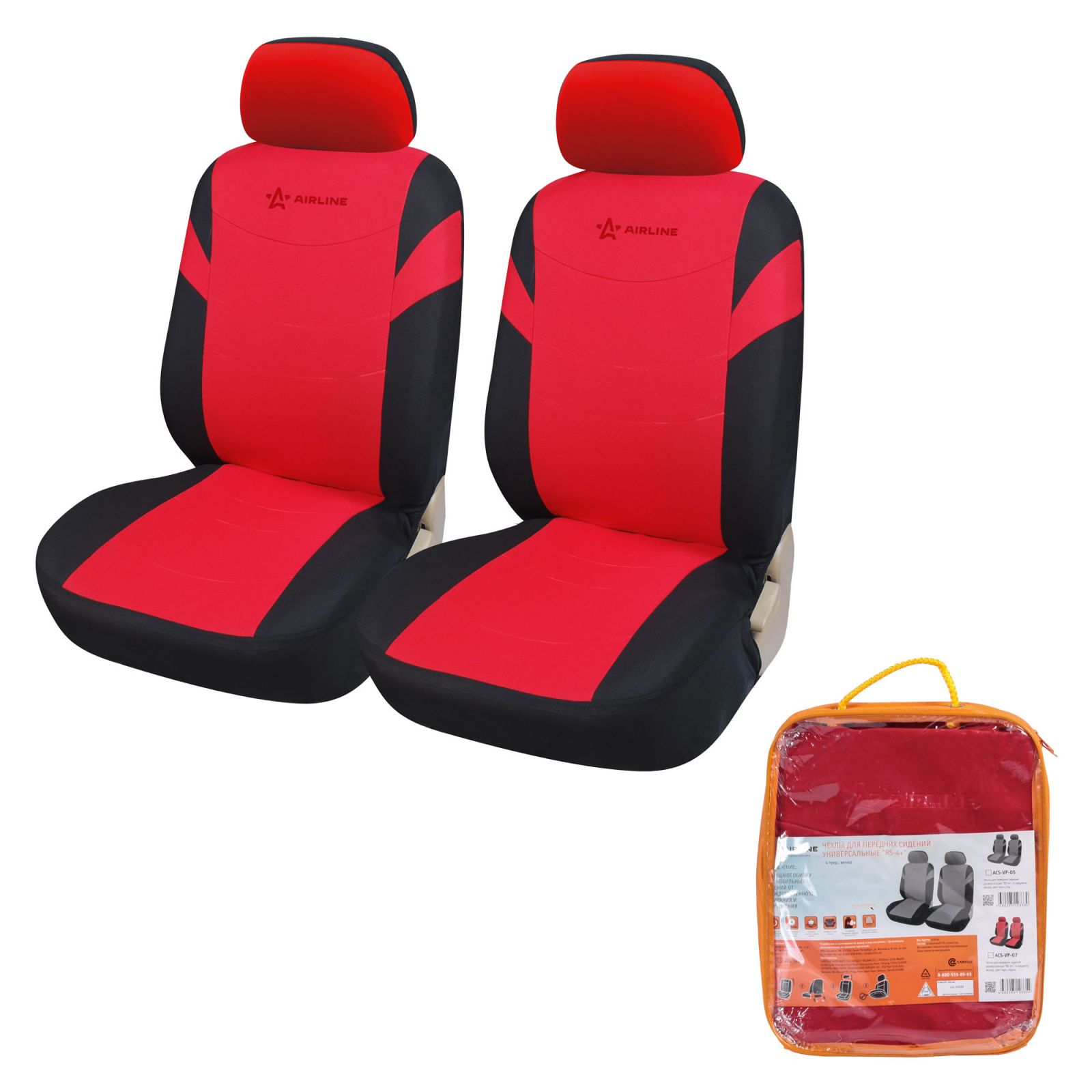 AIRLINE ACSVP07 Чехлы для сидений унив.  RS-4+ , пер., 2 шт. (4 предм.), велюр, черн./красн.