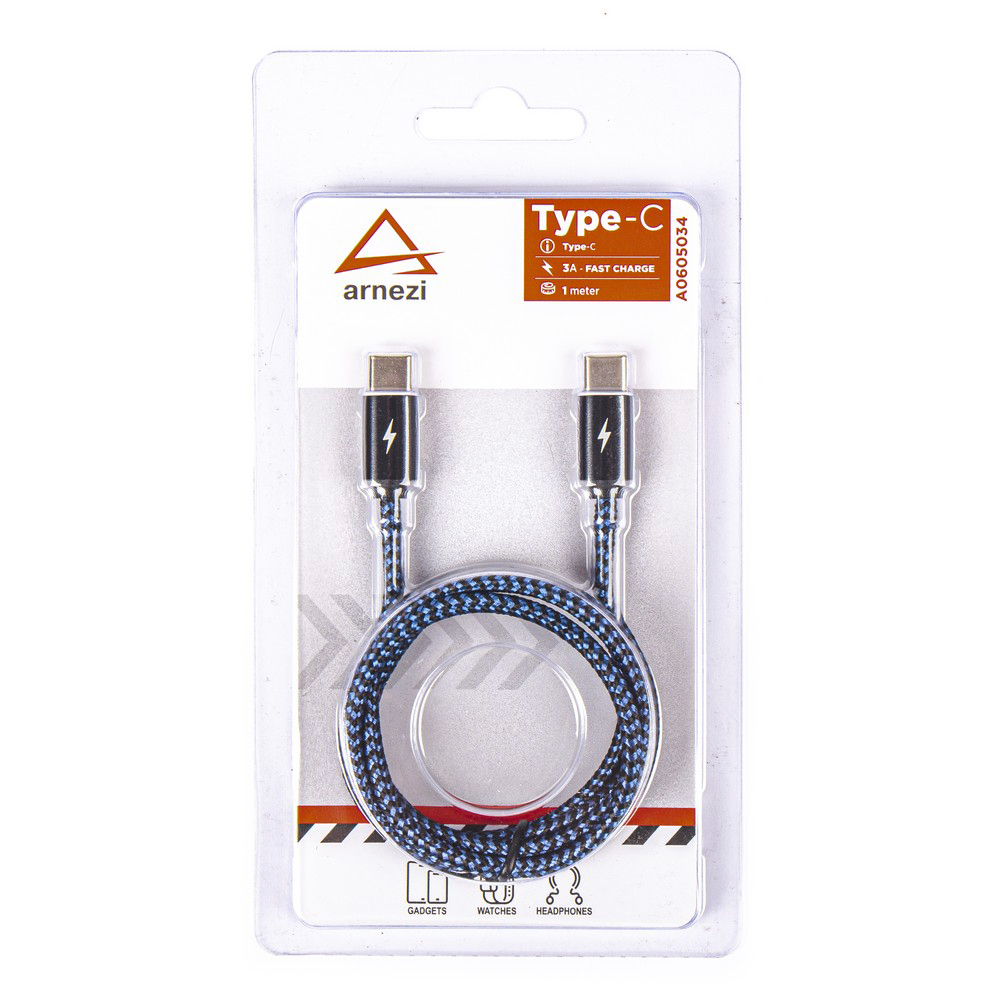 ARNEZI A0605034 Дата-кабель зарядный Type C/Type C (1 м, 3А) в оплетке, поддерживает быструю зарядку