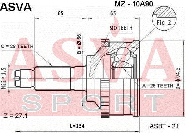 ASVA MZ10A90 ШРУС НАРУЖНЫЙ 26x56x28