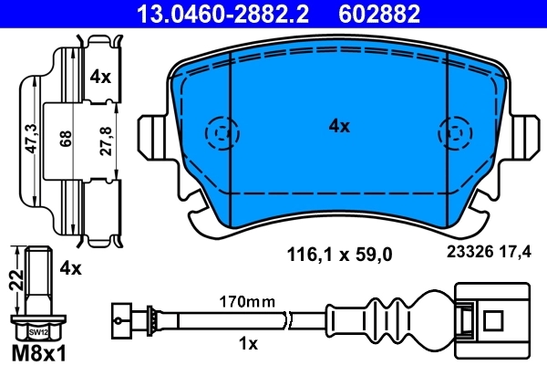 ATE 13046028822 Колодки тормозные дисковые задн, VW: MULTIVAN V 1.9 TDI/2.0/2.0 BiTDI/2.0 BiTDI 4motion/2.0 TDI/2.0 TDI 4motion/2.0 TSI/2.0 TSI 4motion/2.5 TDI/2.5 TDI 4motion/3.2 V6/3.2 V6 4